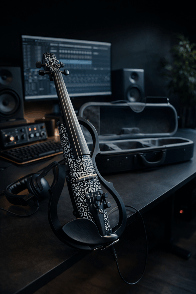 Carbon fiber electric violin with a modern graphic finish resting on a desk in a home recording studio, shown with an open hard case, headphones, audio interface, and computer display in the background.