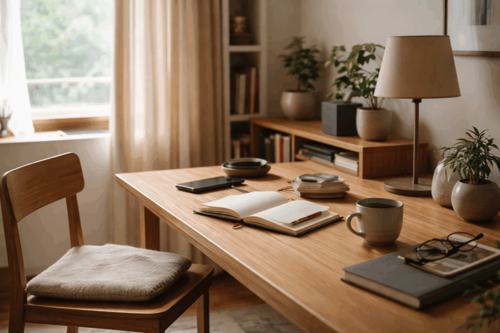 A wooden desk in natural daylight with a notebook, cup, glasses, and small personal items arranged without emphasis, suggesting a workspace at rest rather than in use.