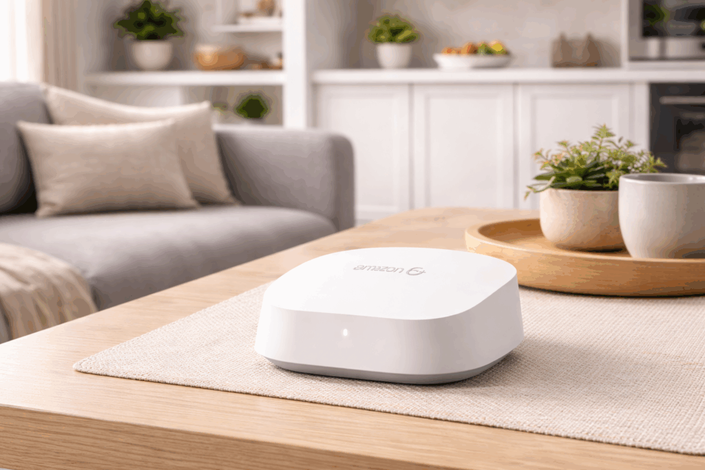 Amazon eero mesh Wi-Fi router positioned on a coffee table in a main living room, shown in a real home environment with seating, shelving, and kitchen area in the background.