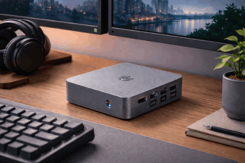Beelink EQR6 mini PC placed on a clean desk surface with no cables attached, showing the compact chassis and front status light in a neutral workspace environment.