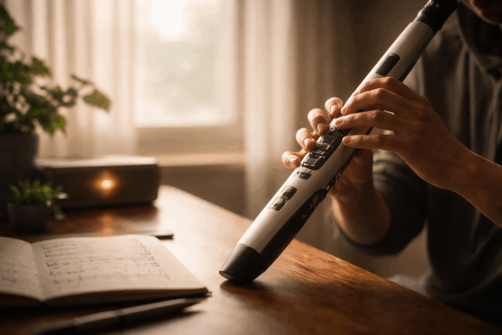 A person holding a slender wind instrument near a sunlit desk, hands resting naturally as soft light falls across an open notebook and a quiet room.