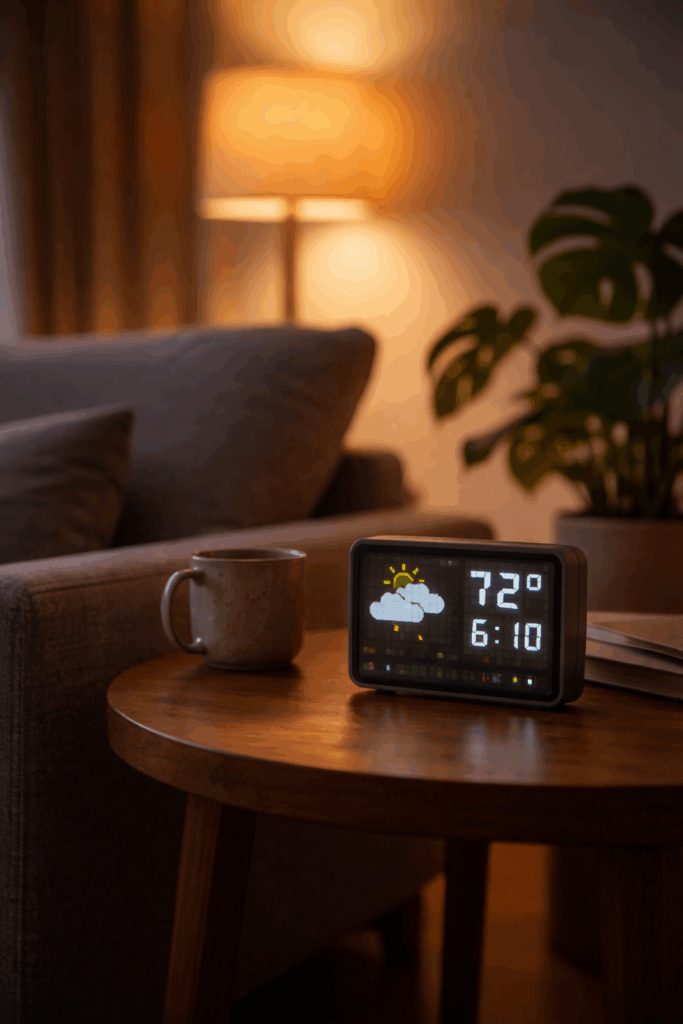 A small ambient display glowing softly on a side table in a living room, its pixelated icons blending into warm evening light rather than demanding attention.
