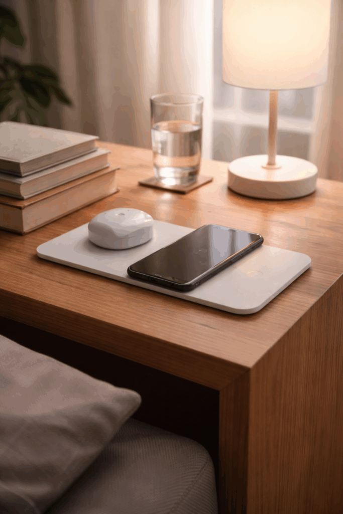 A quiet bedside table with a charging surface holding everyday devices, softly lit by a nearby lamp, blending into the room without drawing attention.
