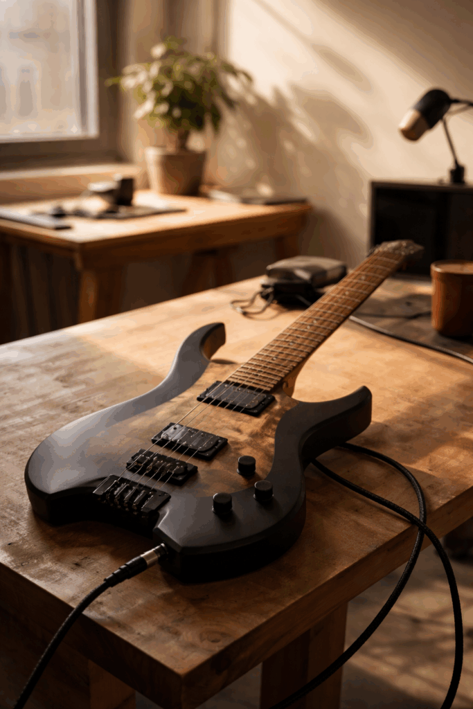 A headless electric guitar resting on a wooden table in soft afternoon light, its simplified silhouette blending into a quiet room.