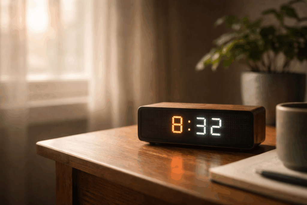 A small digital clock glowing softly on a wooden surface in a quiet room, its light blending into the surrounding space.