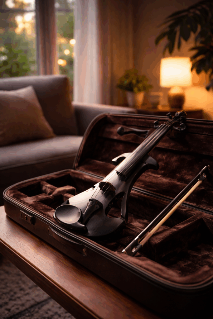 An electric violin resting in an open case on a wooden table in a softly lit living room, its modern form blending naturally into the surrounding space.