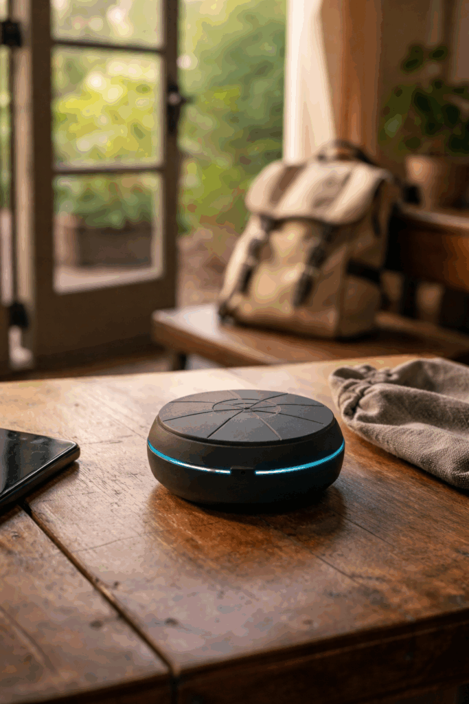 A small, rounded electronic object resting on a wooden table near an open door, with a bag and personal items nearby, suggesting it has just been set down after being carried.