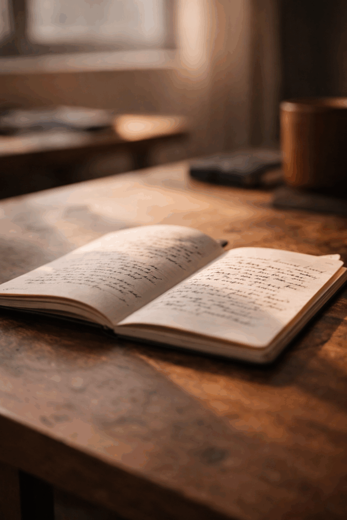 An open notebook resting on a wooden desk, its pages marked with handwritten notes as warm afternoon light falls across the surface.