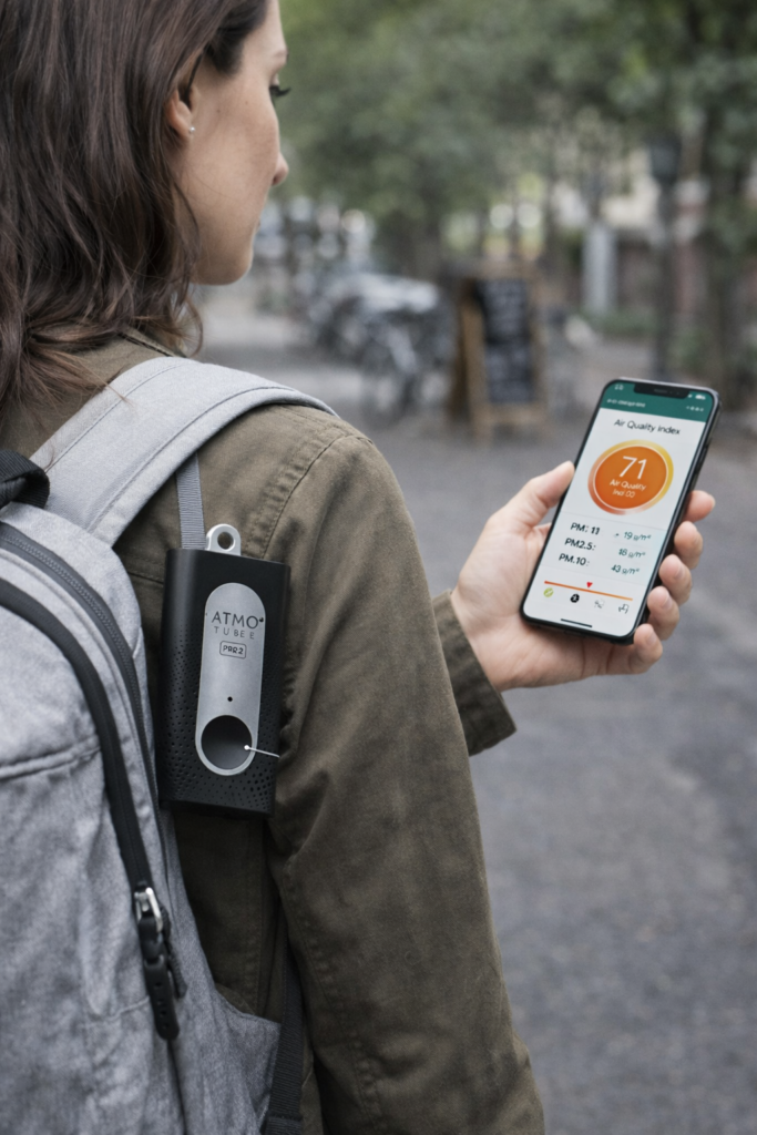 Woman wearing the Atmotube PRO air quality monitor clipped to a backpack strap while checking real-time particulate and AQI readings on a smartphone in an outdoor urban environment