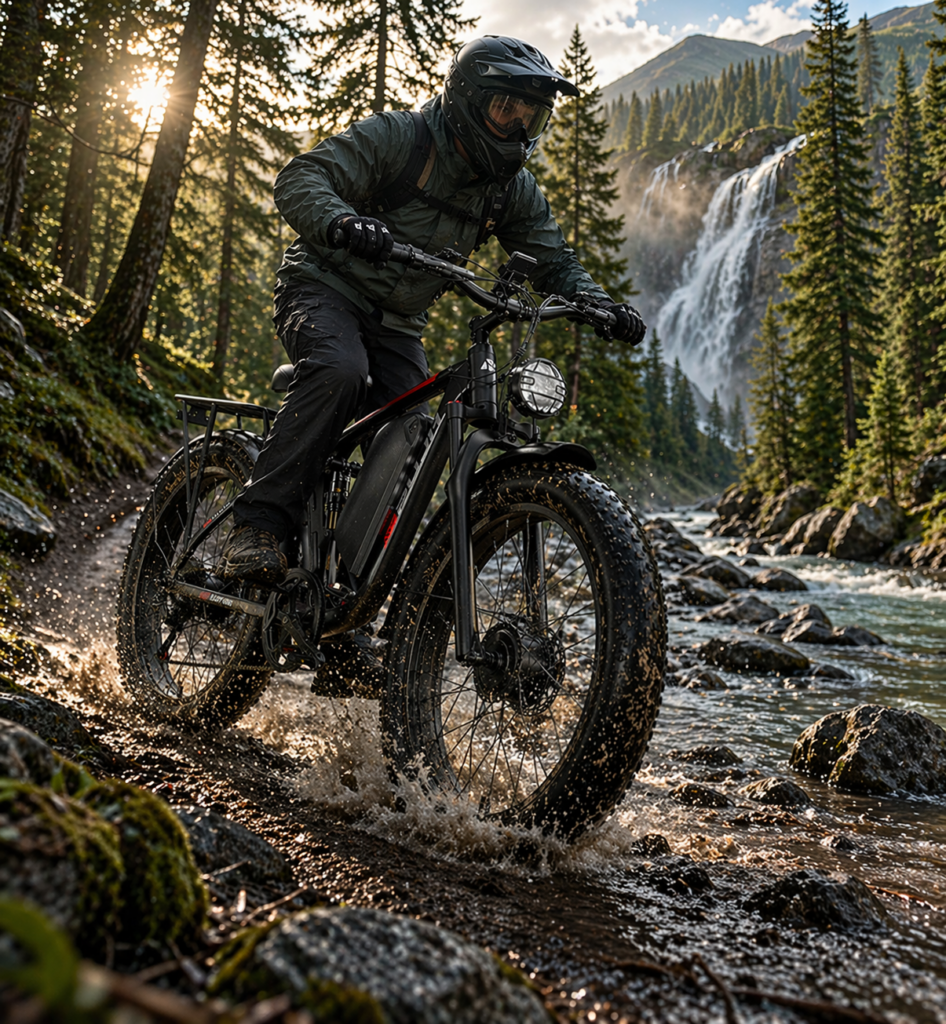 A rider wearing a helmet navigates a rugged electric mountain bike through a shallow rocky stream on a forest trail, with water splashing around the tires and a tall waterfall visible in the background.