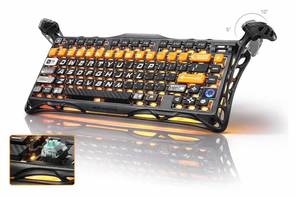 GravaStar Mercury K1 Pro wireless mechanical keyboard with aluminum skeletal frame, orange and black pudding keycaps, RGB backlighting, and adjustable rear supports shown at angled elevation