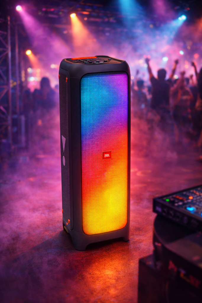 JBL PartyBox 1000 positioned on a floor with active LED light panel illuminated, surrounded by blurred crowd and stage lighting in a live event setting