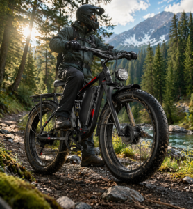 Dual motor electric fat tire bike with large frame and battery pack positioned on a dirt trail with a rider nearby in an outdoor setting