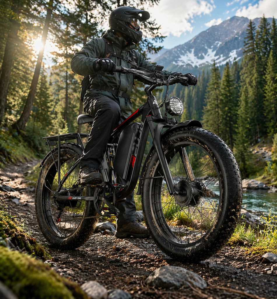 Dual motor electric fat tire bike with large frame and battery pack positioned on a dirt trail with a rider nearby in an outdoor setting