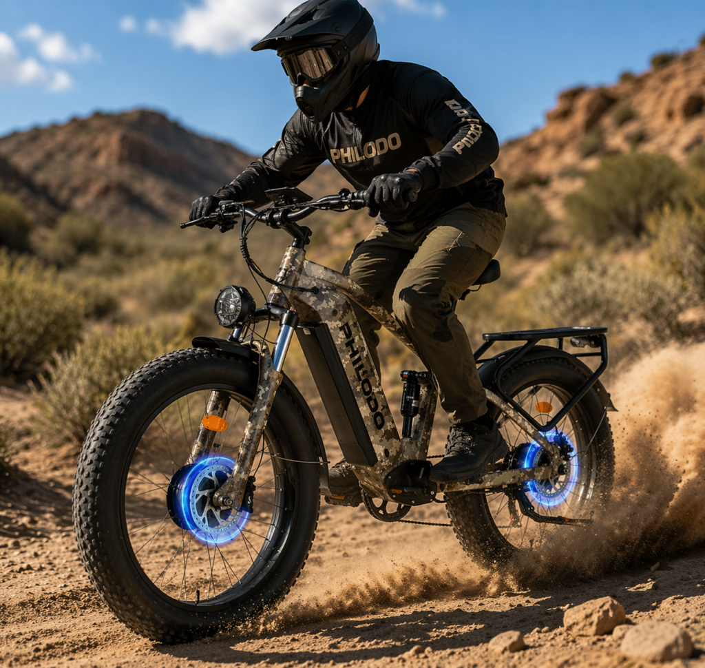 A rider wearing a full-face helmet rides a dual-motor electric fat tire bike across a dusty desert trail, with sand kicking up from both wheels and rugged hills in the background