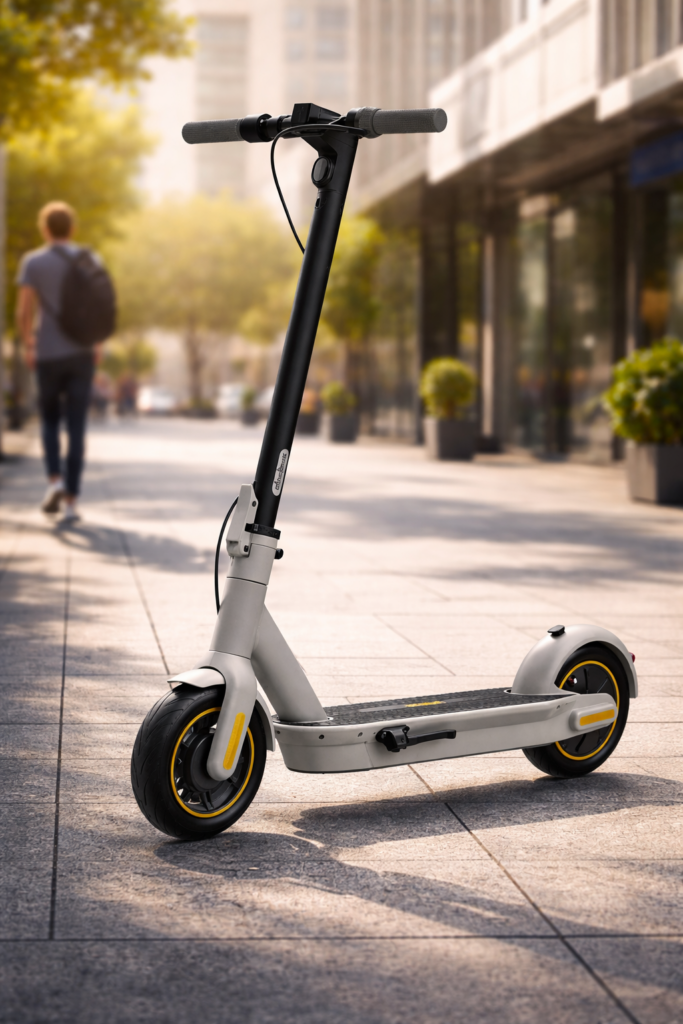 Segway Ninebot MAX G30LP electric scooter with gray deck and black stem, showing foldable frame, rear motor wheel, and pneumatic tires against a neutral background