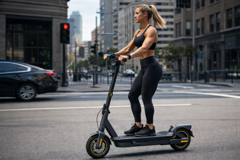 Muscular female rider standing on a Segway Ninebot MAX G2 Electric Scooter traveling through a city street environment with visible suspension components and pneumatic tires interacting with paved road surface